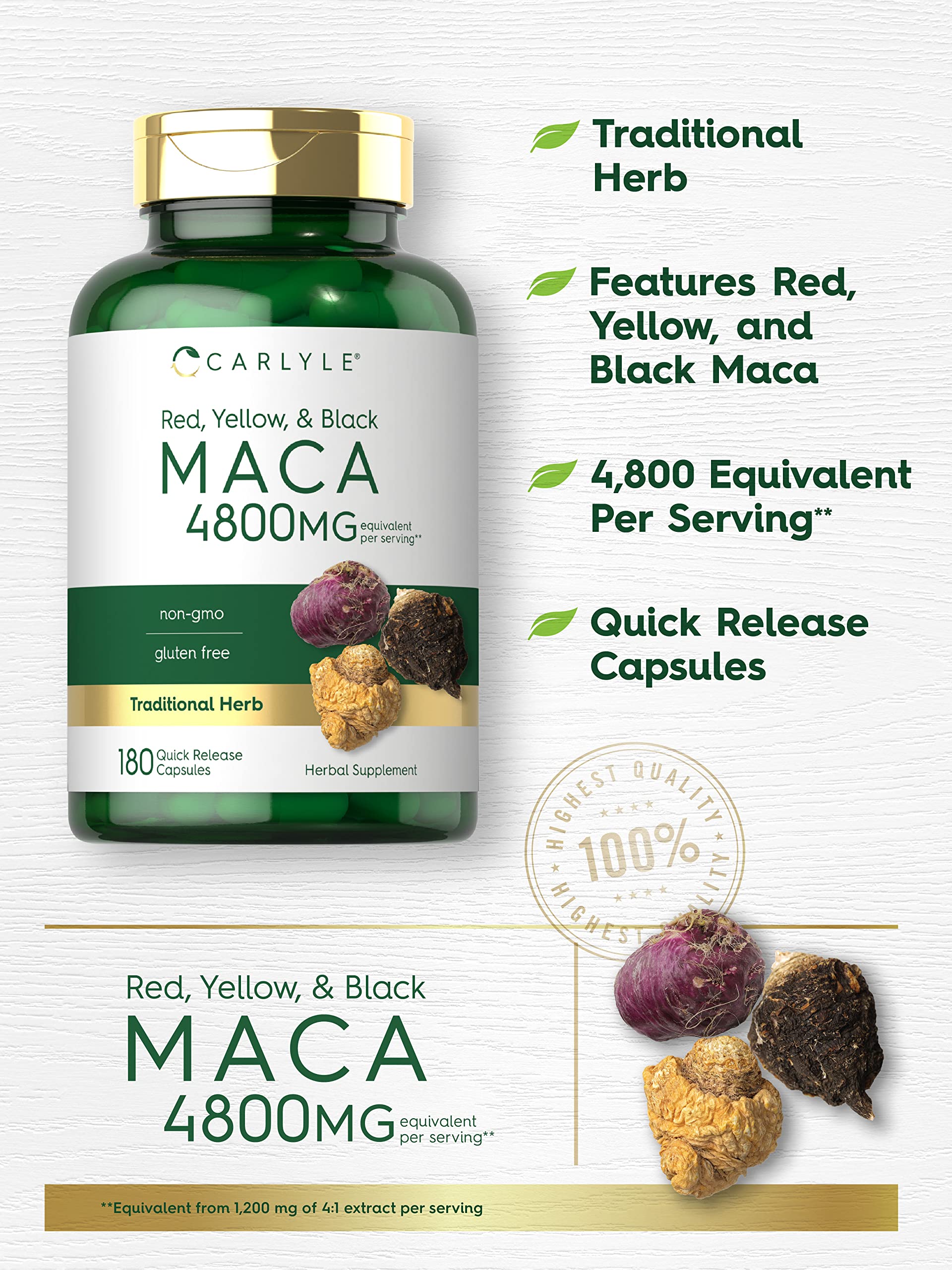 Close-up label on Carlyle Maca Root Capsules shows trusted ingredients.
