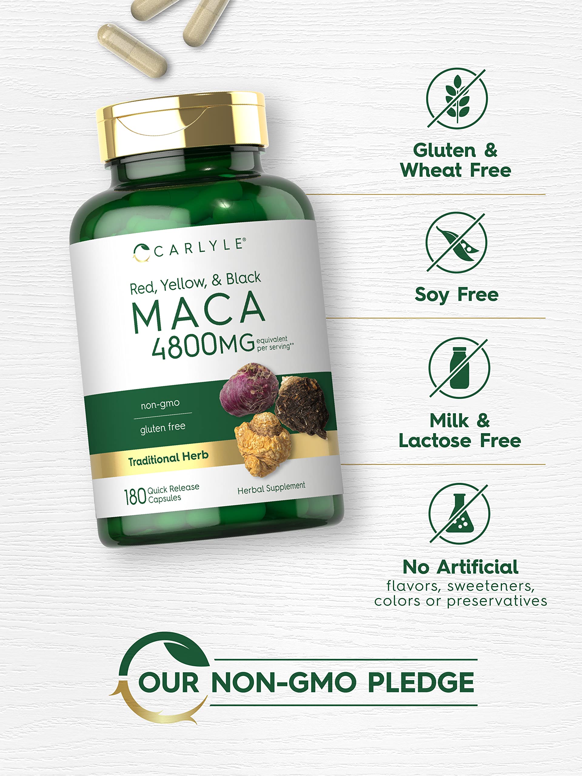 Carlyle Maca Root Capsules being poured for daily supplementation.