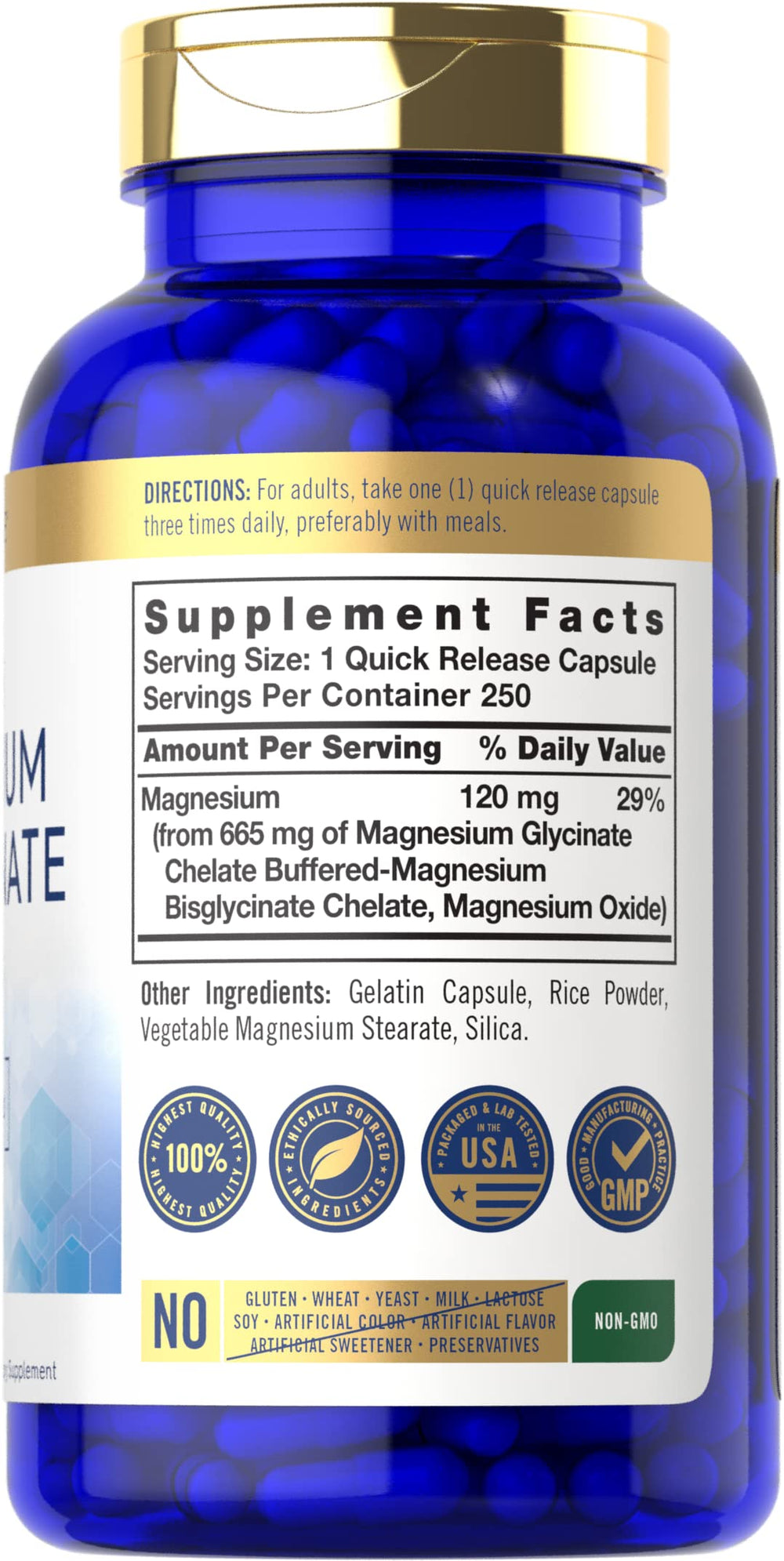 Carlyle Magnesium Bisglycinate capsules close-up aids easy absorption with chelated formula.