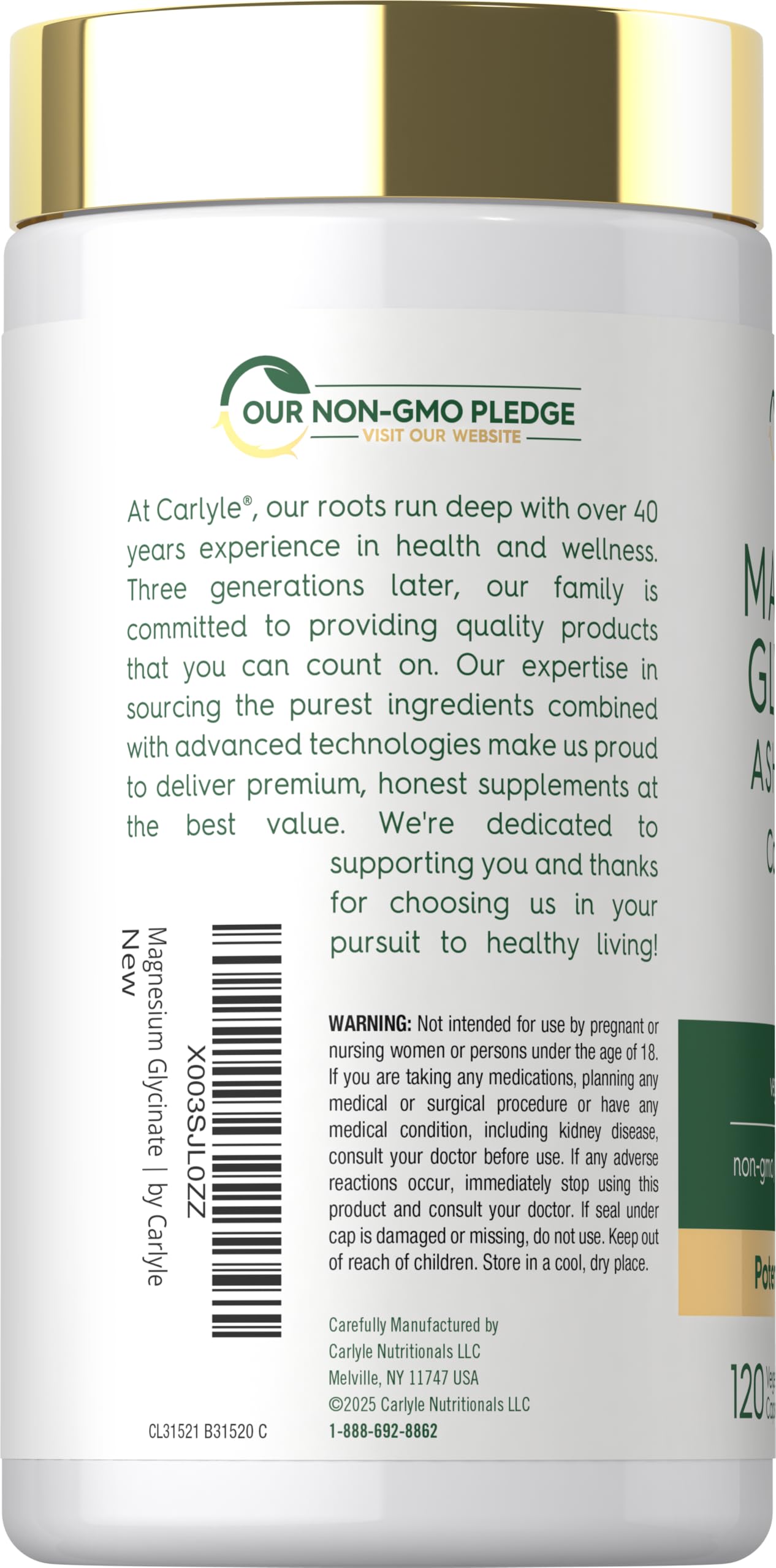 Carlyle bottle label and packaging highlighting gluten-free, non-GMO formula.