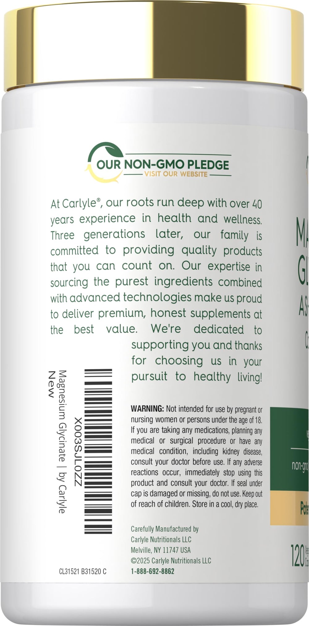 Carlyle bottle label and packaging highlighting gluten-free, non-GMO formula.