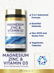 Carlyle Magnesium Zinc Vitamin D3 capsules show vegetarian, non-GMO quality for daily supplementation.