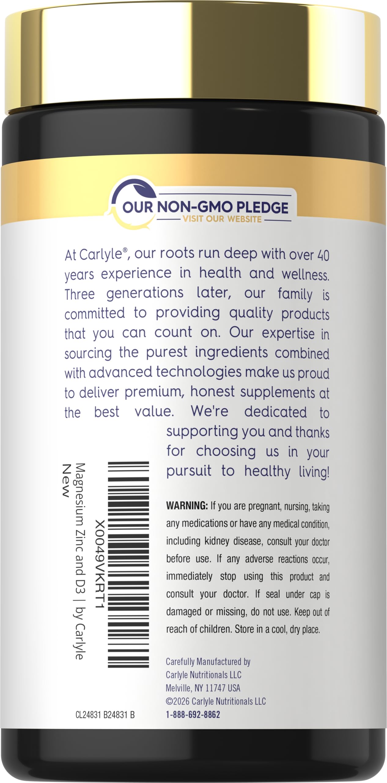 Carlyle label close-up highlighting the three-in-one formula.
