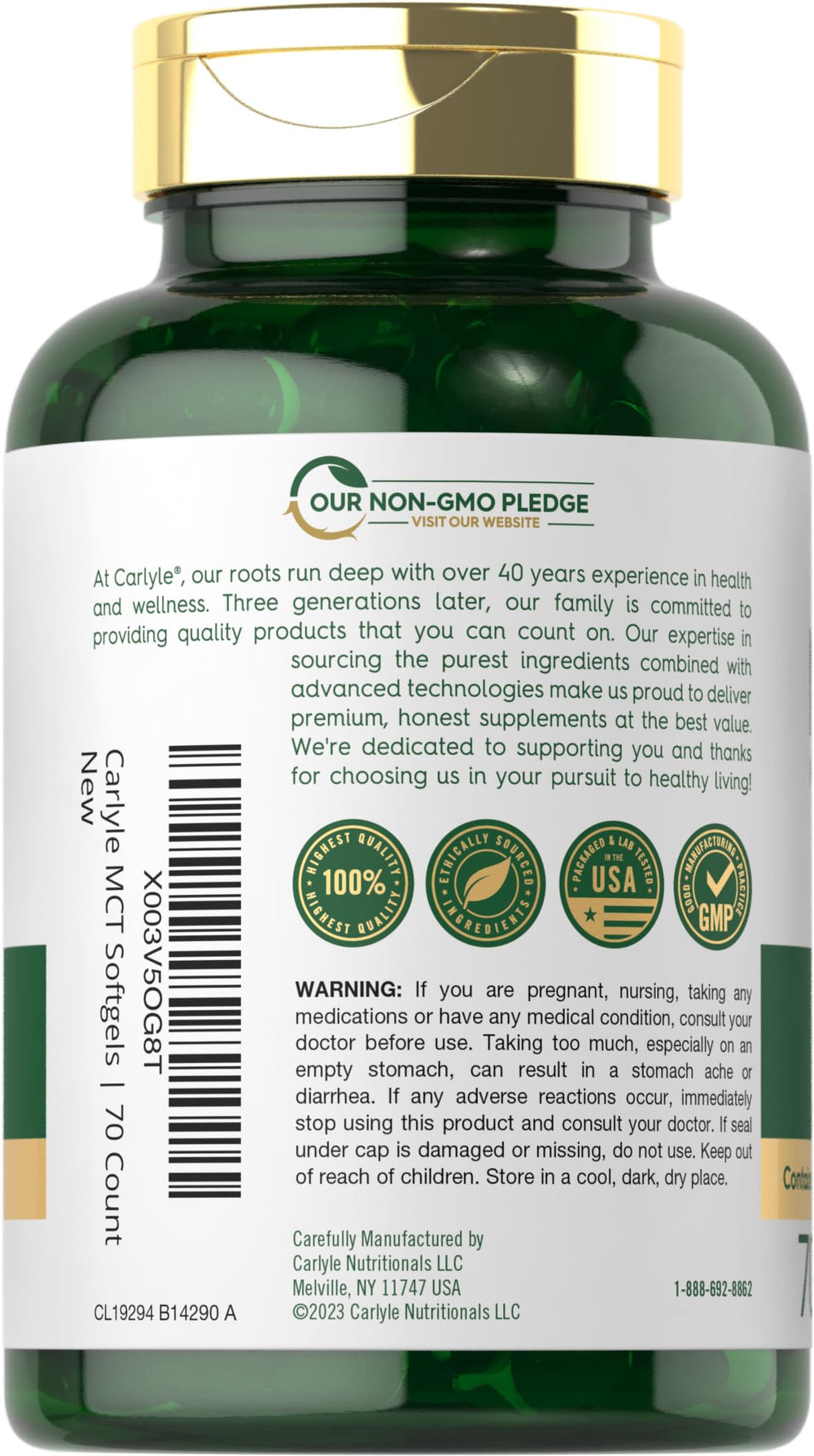 Close-up of Carlyle MCT capsules with smooth softgel coating.
