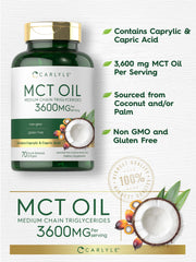 Label on Carlyle MCT oil capsules highlighting non GMO and gluten free features.