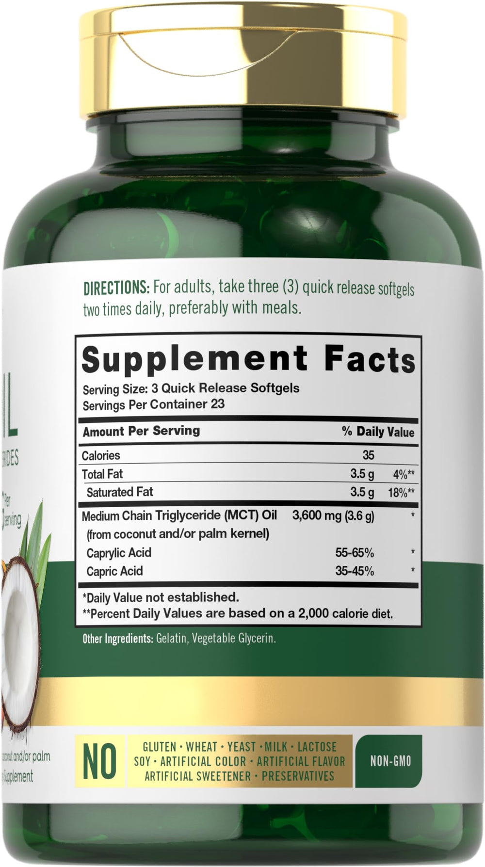 Carlyle MCT capsules poured from a bottle showing softgels.