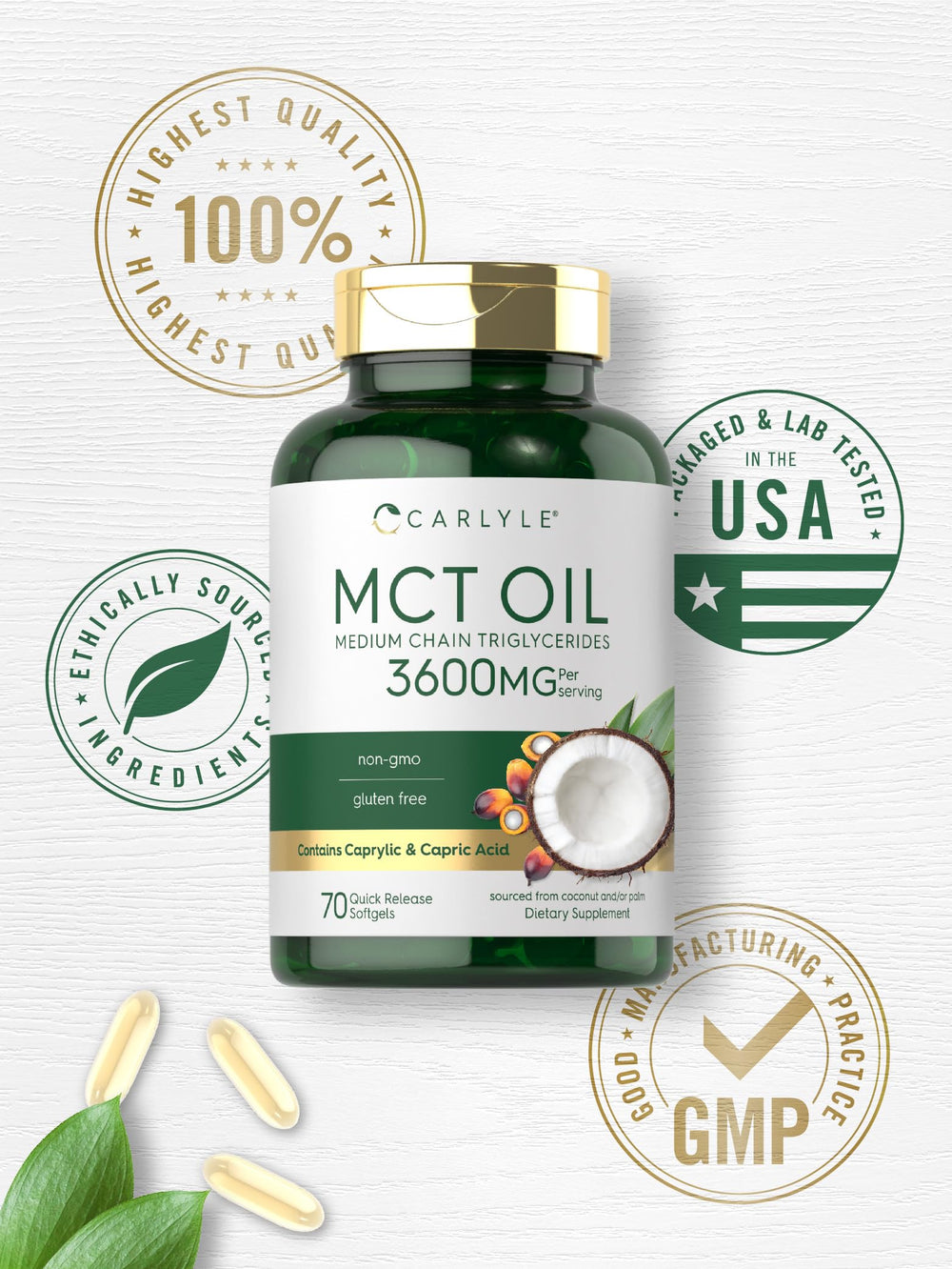 Non GMO and gluten free seal on Carlyle MCT capsules.