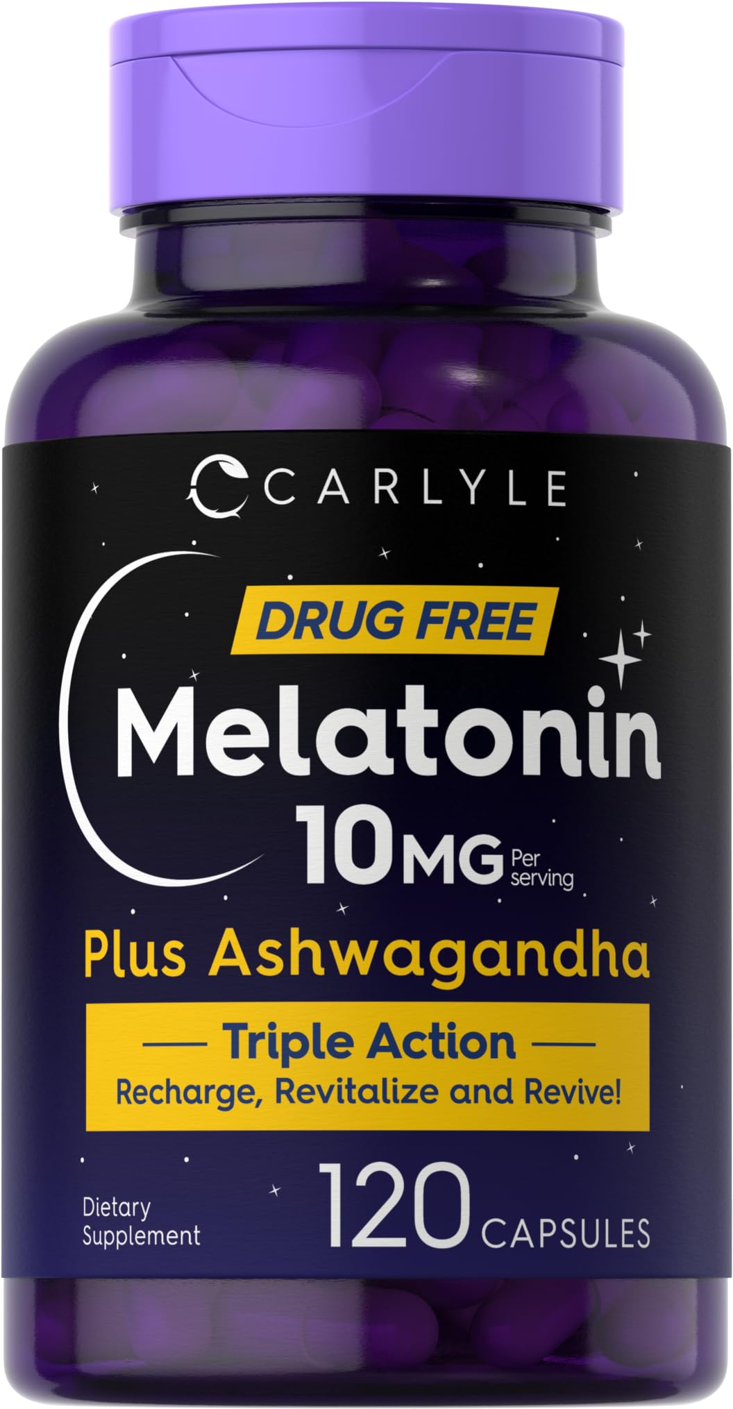Carlyle Melatonin 10mg bottle front with triple strength night support.