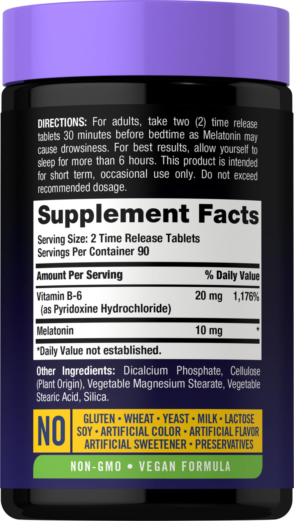 Carlyle Melatonin 10mg bottle label close-up shows vegan, gluten-free formula