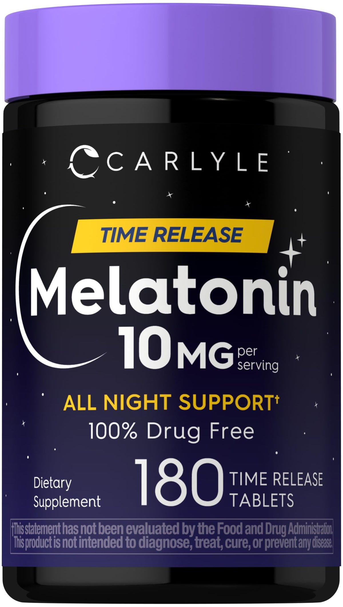 Carlyle Melatonin 10mg time-release bottle promotes all-night rest
