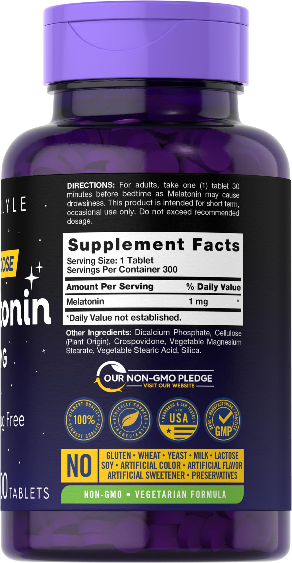 Close-up of Carlyle Melatonin 1 mg label highlighting vegetarian and non-GMO features.