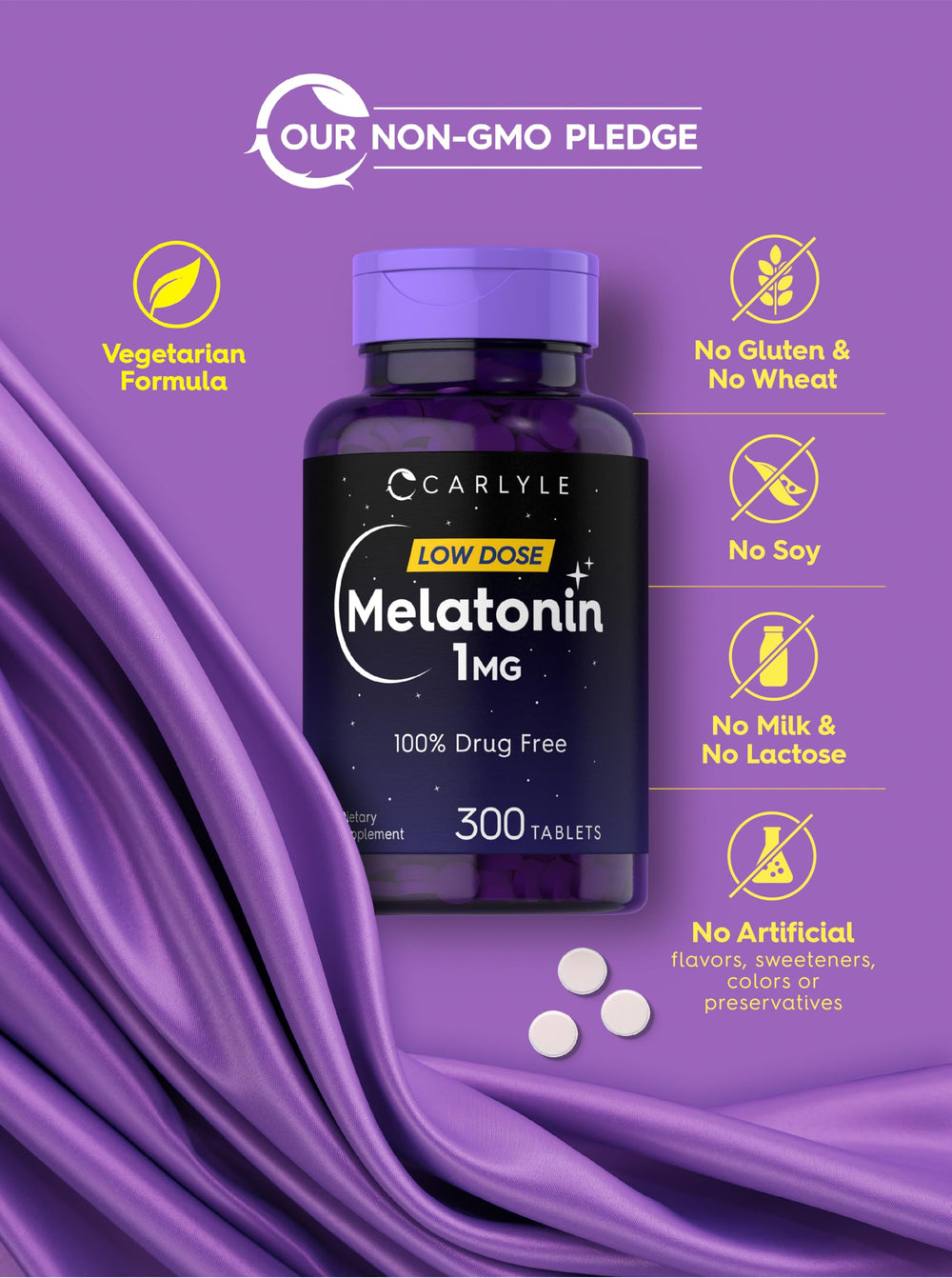 Carlyle Melatonin 1 mg with gluten-free and non-GMO certifications shown.