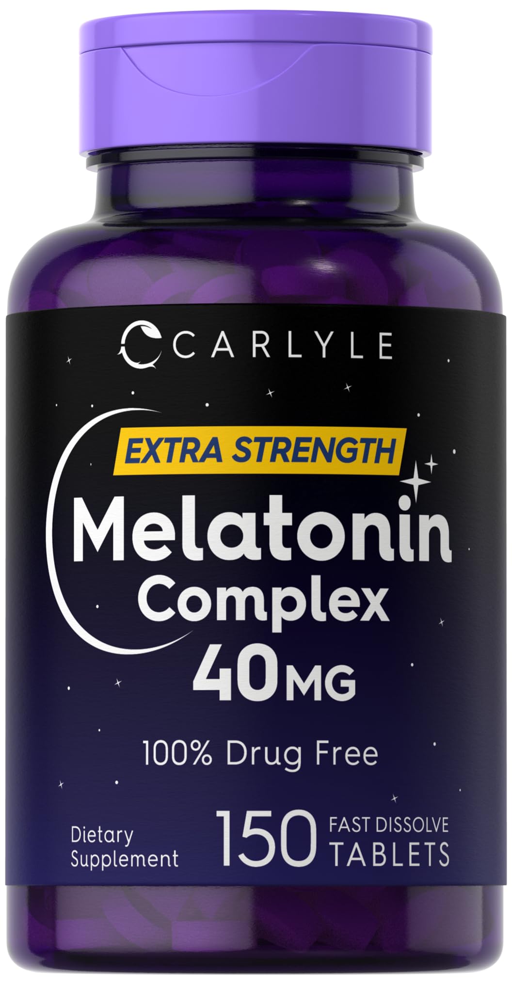Carlyle Melatonin 40mg Complex bottle showcases fast-dissolve tablets for bedtime.