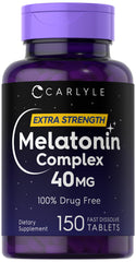 Carlyle Melatonin 40mg Complex bottle showcases fast-dissolve tablets for bedtime.