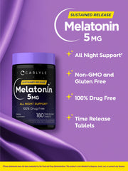 Carlyle Melatonin 5mg bottle on nightstand ready for bedtime