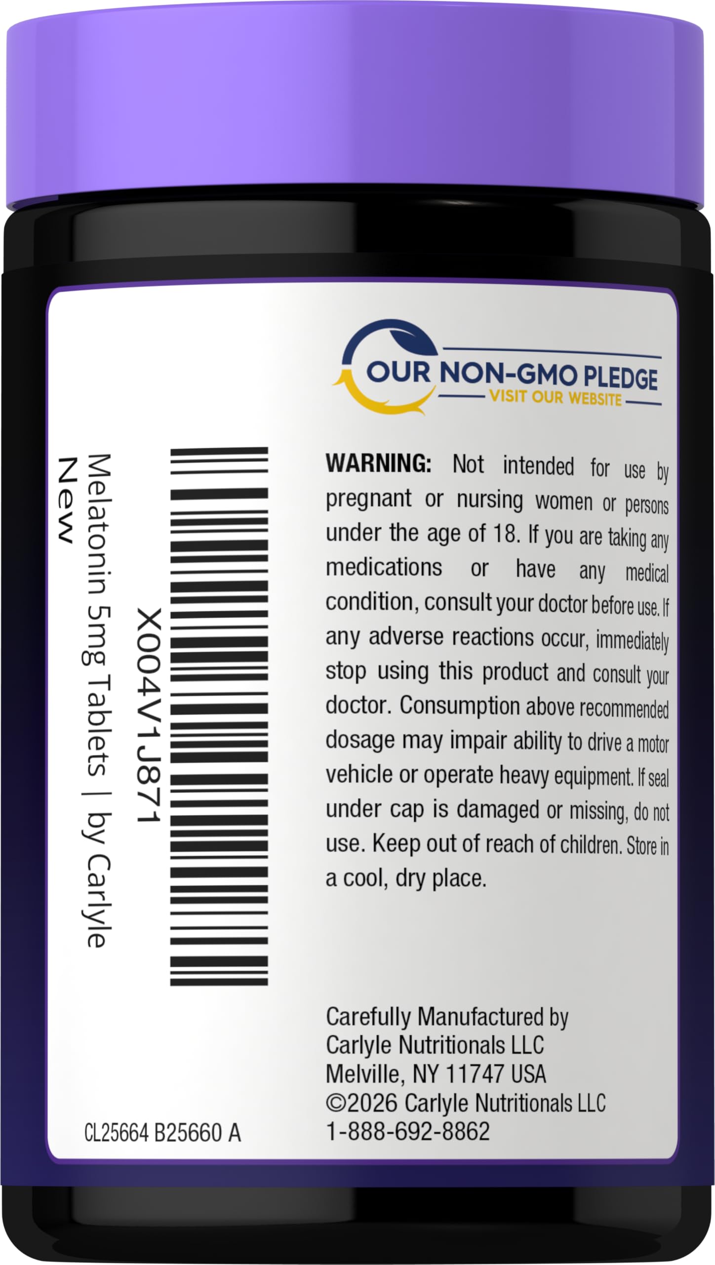 Carlyle Melatonin 5mg label showing gluten-free and non-GMO ingredients