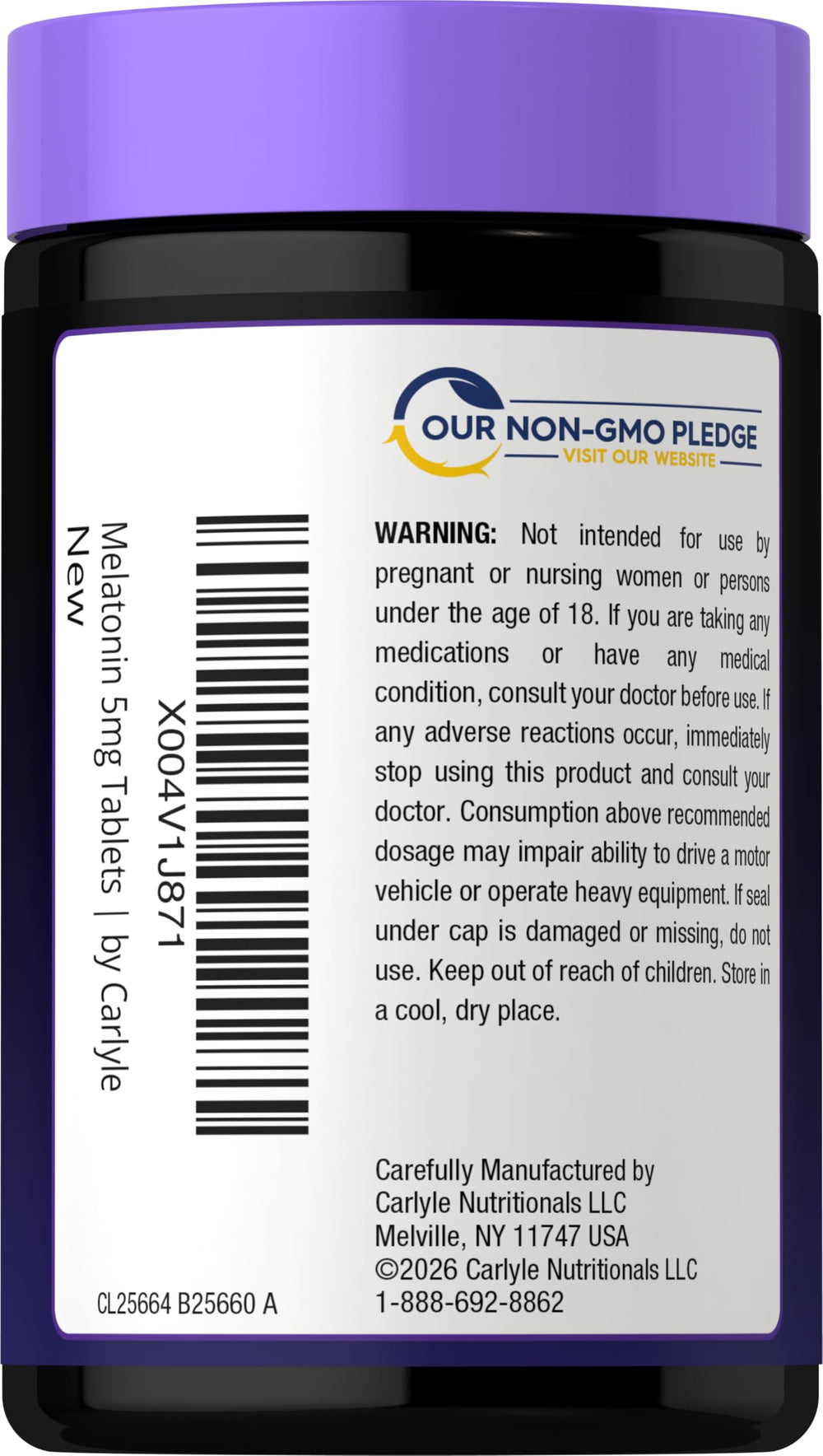 Carlyle Melatonin 5mg label showing gluten-free and non-GMO ingredients