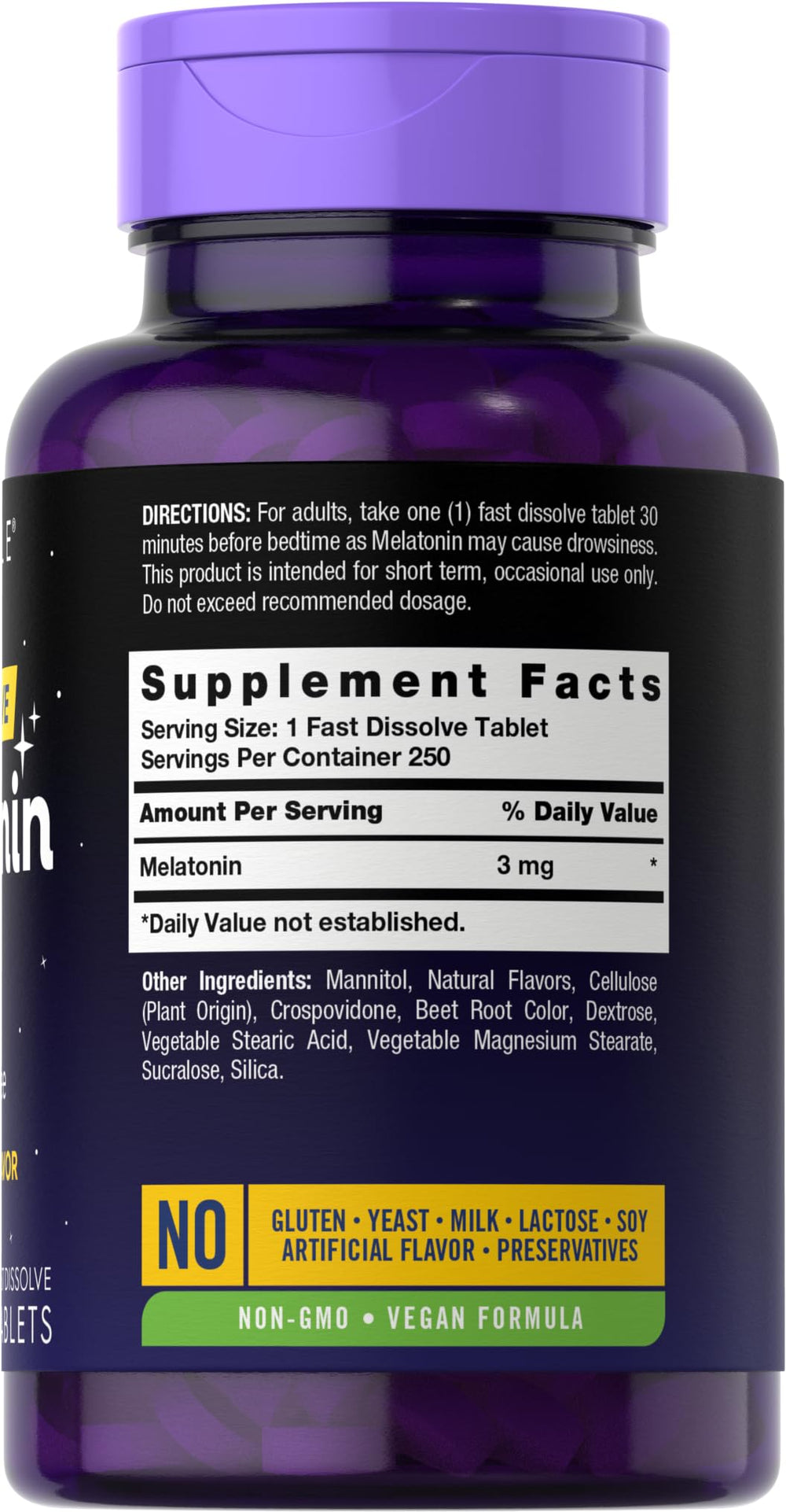 Carlyle Melatonin berry-flavored tablet close-up ready to dissolve