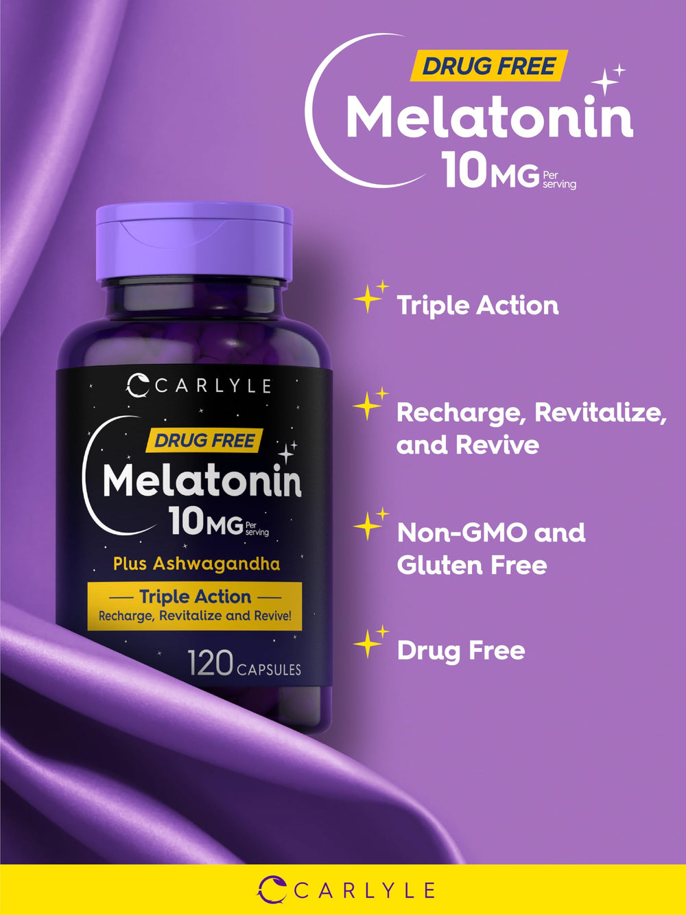 Carlyle Melatonin bottle on nightstand for an evening routine.
