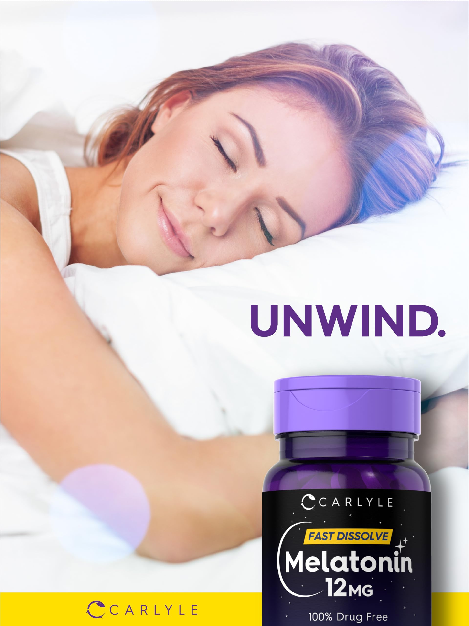Carlyle Melatonin bottle packaging with 180 tablets for long-term supply.