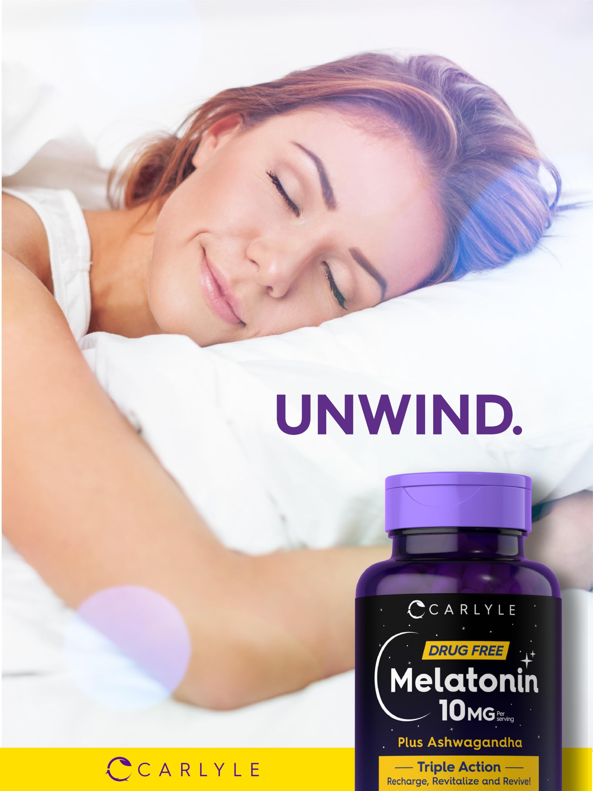 Carlyle Melatonin bottle with glass of water for nightly intake.