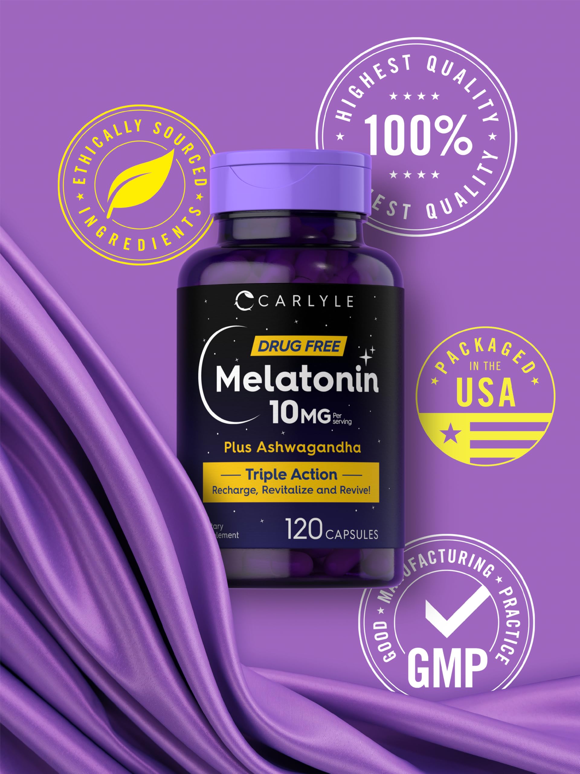 Carlyle Melatonin capsules close-up highlighting easy-to-swallow softgels.