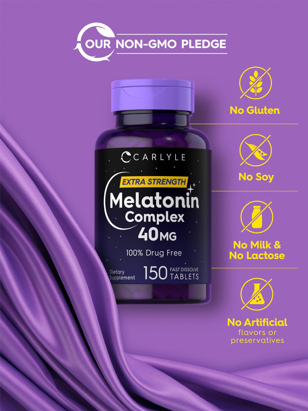 Carlyle Melatonin Gluten-free tablets packaging underscores vegetarian formula.