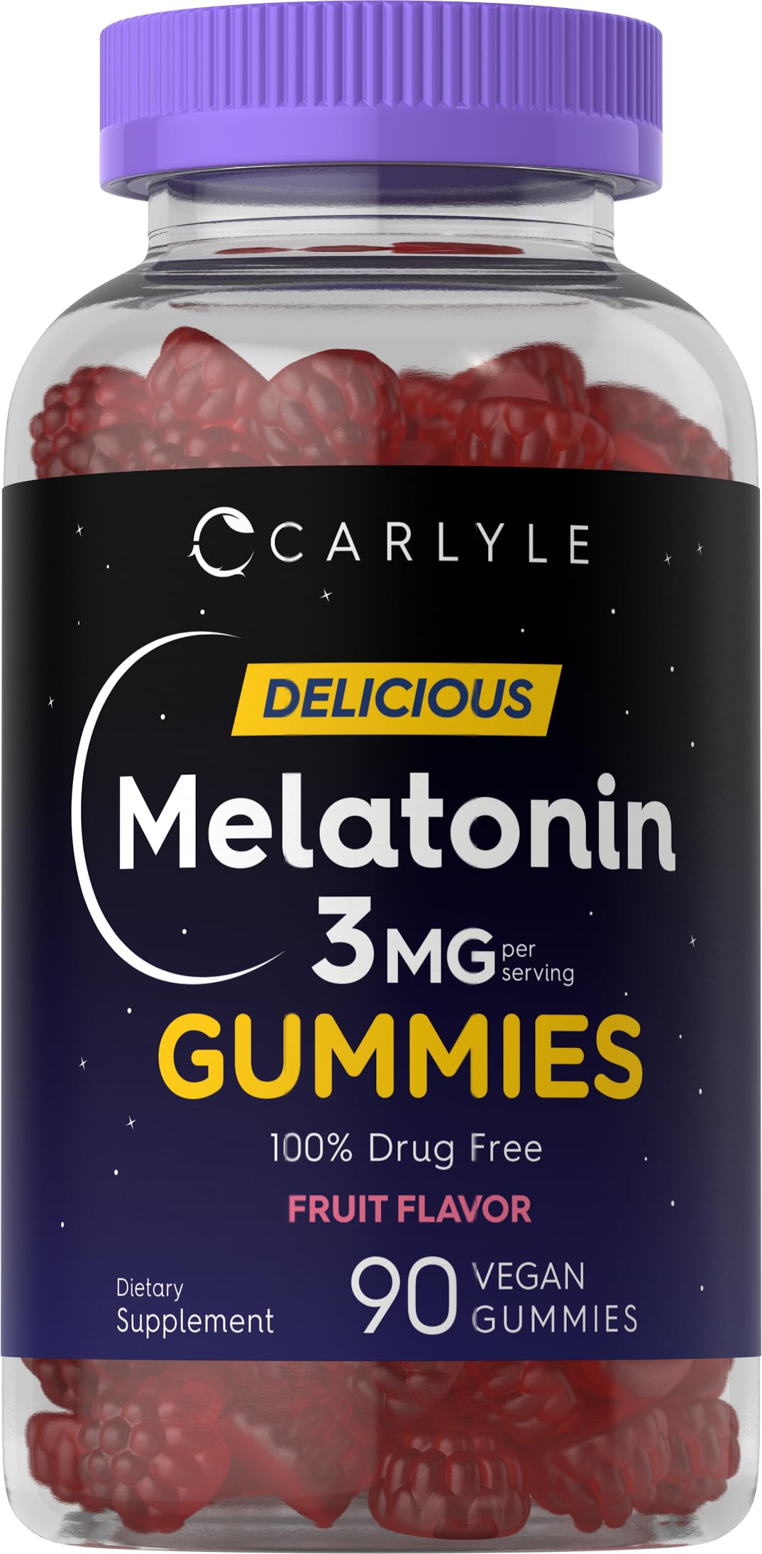 Carlyle Melatonin Gummies bottle close-up, vegan and gluten-free sleep support option