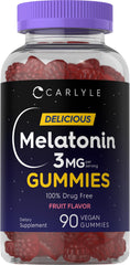 Carlyle Melatonin Gummies bottle close-up, vegan and gluten-free sleep support option