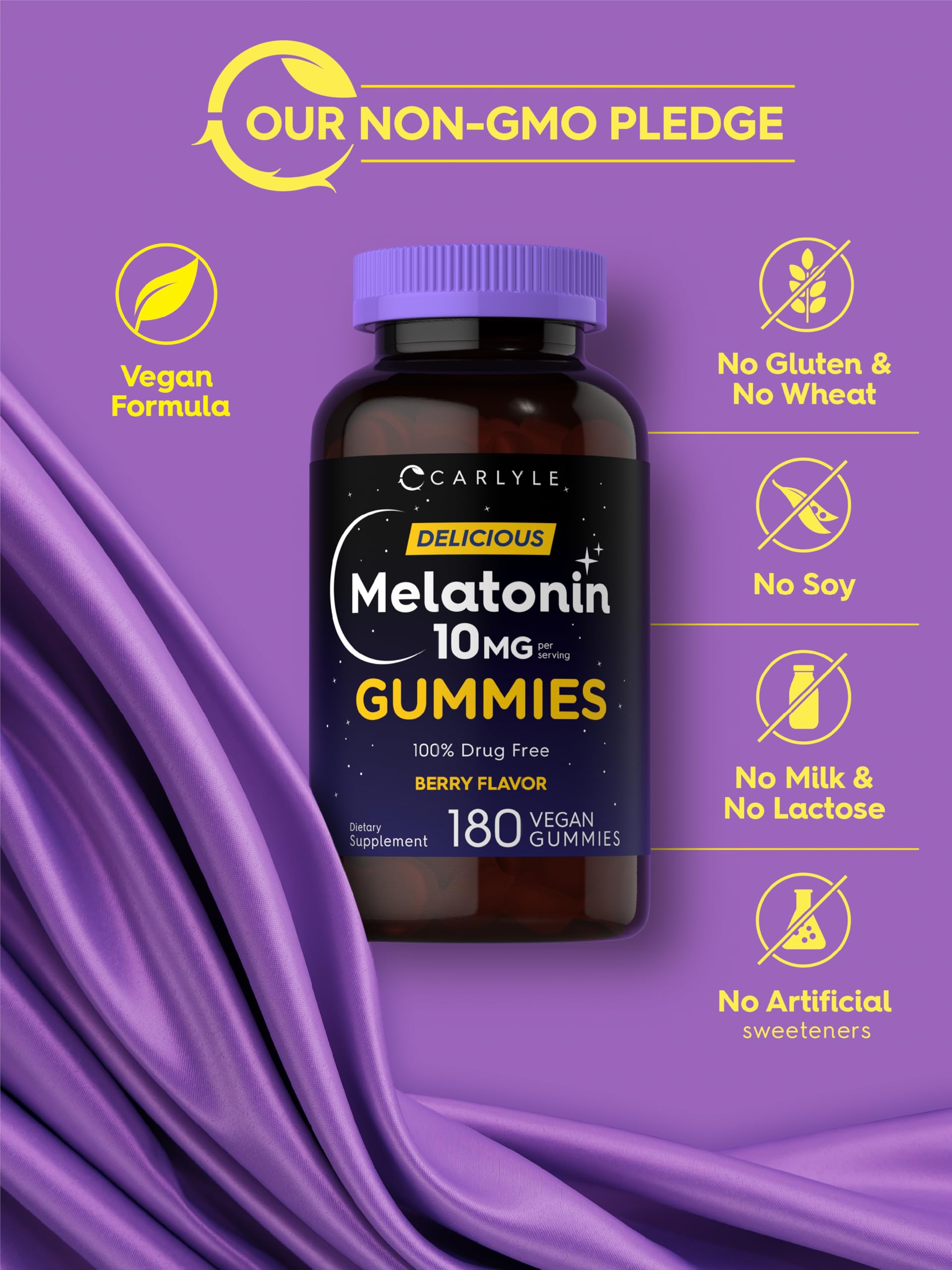 Bright Carlyle packaging with 180-count melatonin gummies