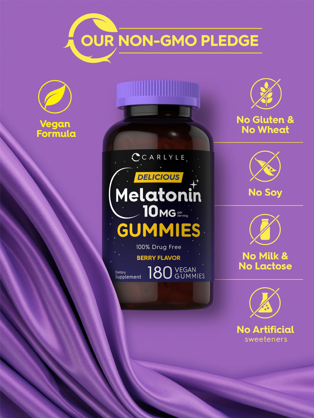 Bright Carlyle packaging with 180-count melatonin gummies