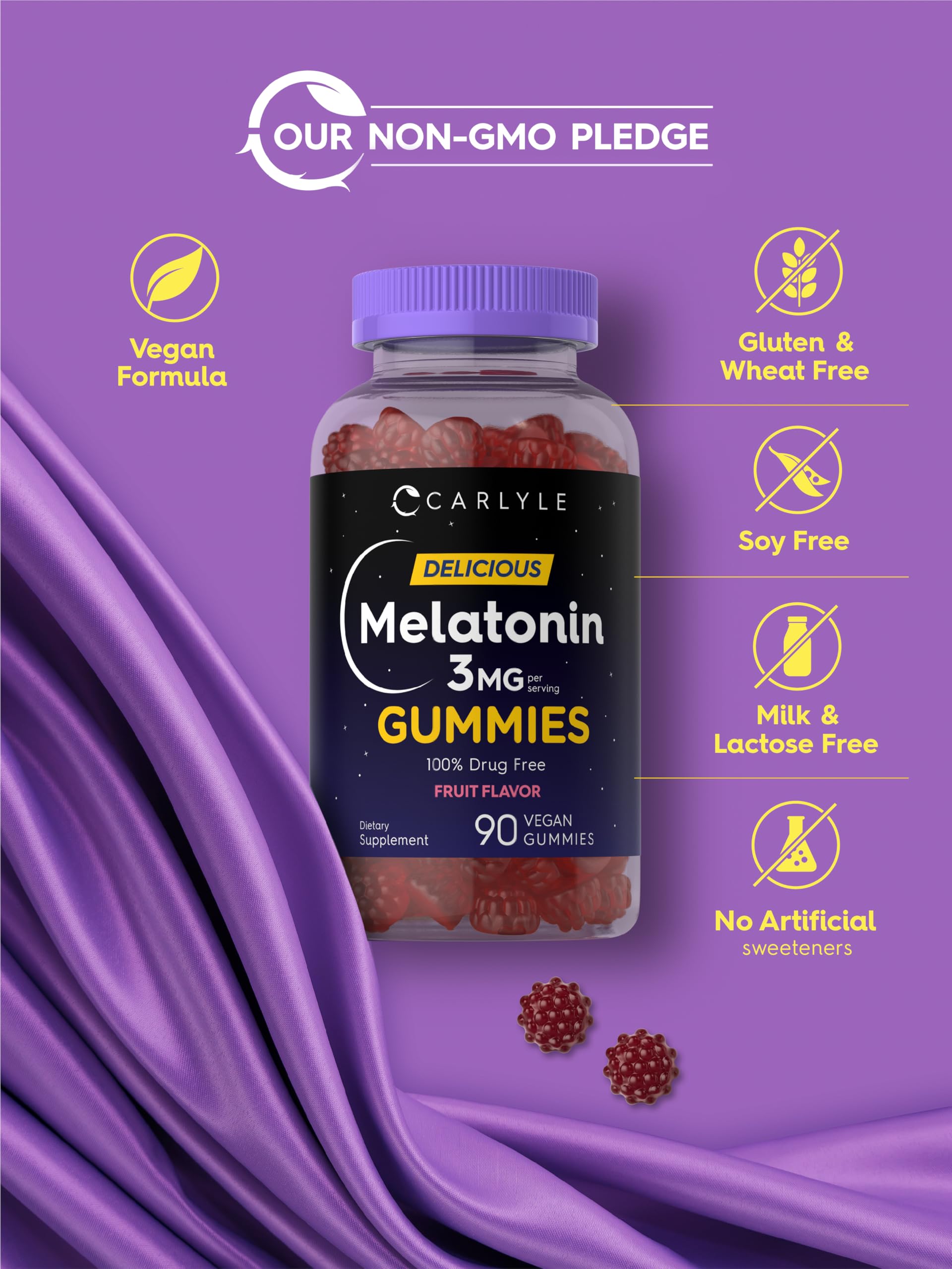 Carlyle Melatonin Gummies ingredient panel, vegan composition and clean ingredients