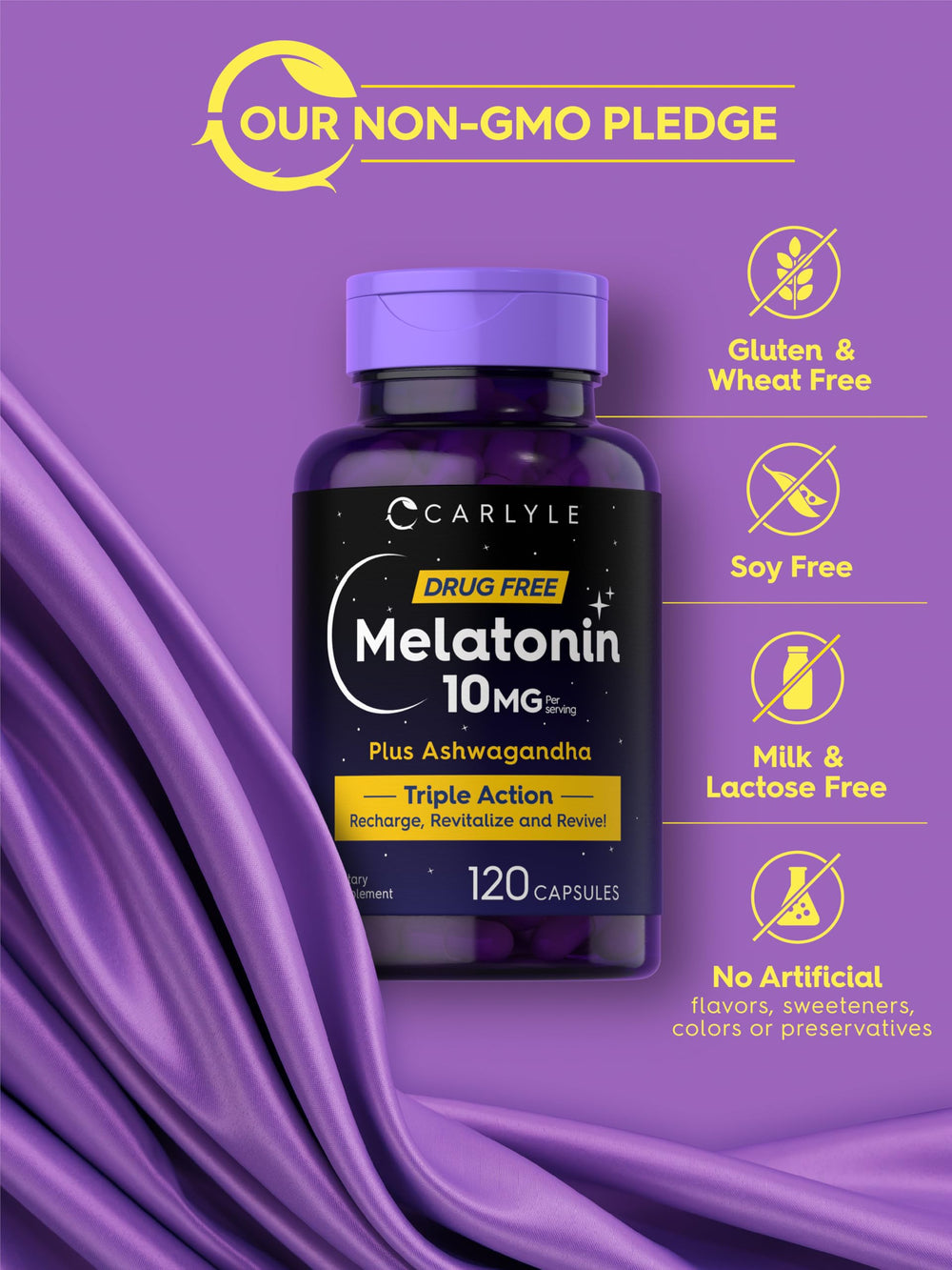 Carlyle Melatonin label highlights gluten-free and lactose-free features.
