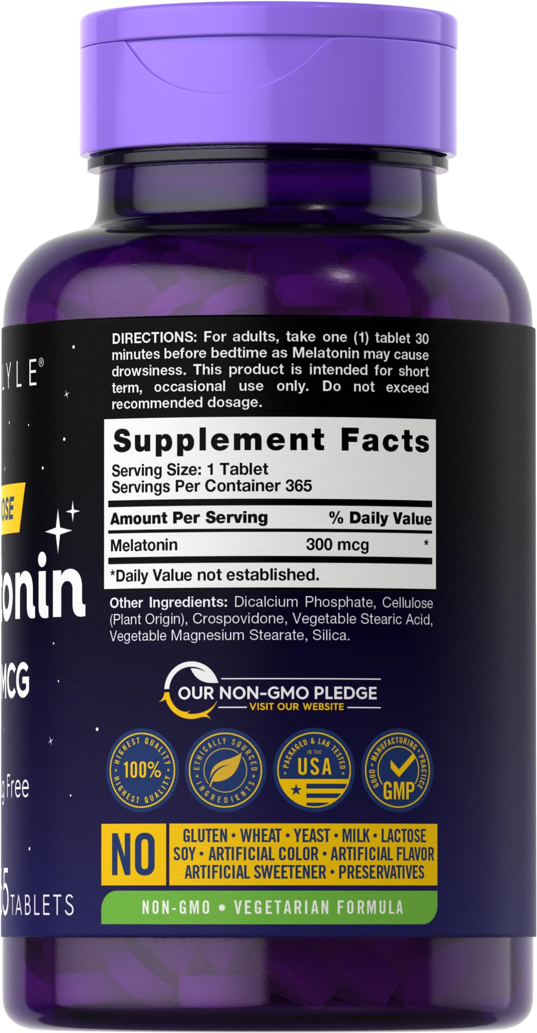 Close-up of Carlyle Melatonin tablets highlighting the low-dose formula