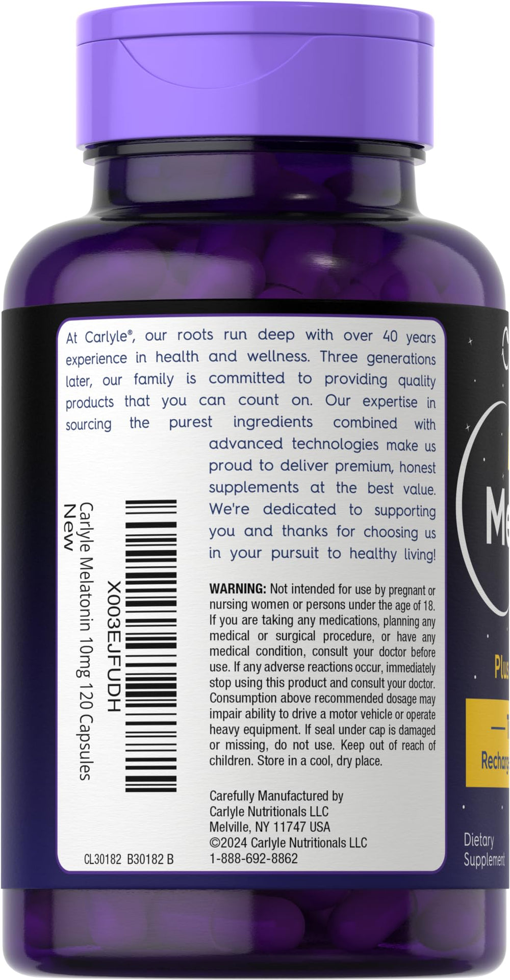 Carlyle Melatonin with Ashwagandha capsules pack featuring bottle and capsules.
