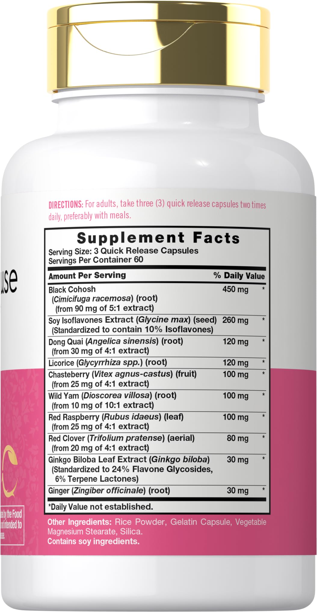 Close-up of Carlyle menopause bottle showing label and ingredients for potential comfort