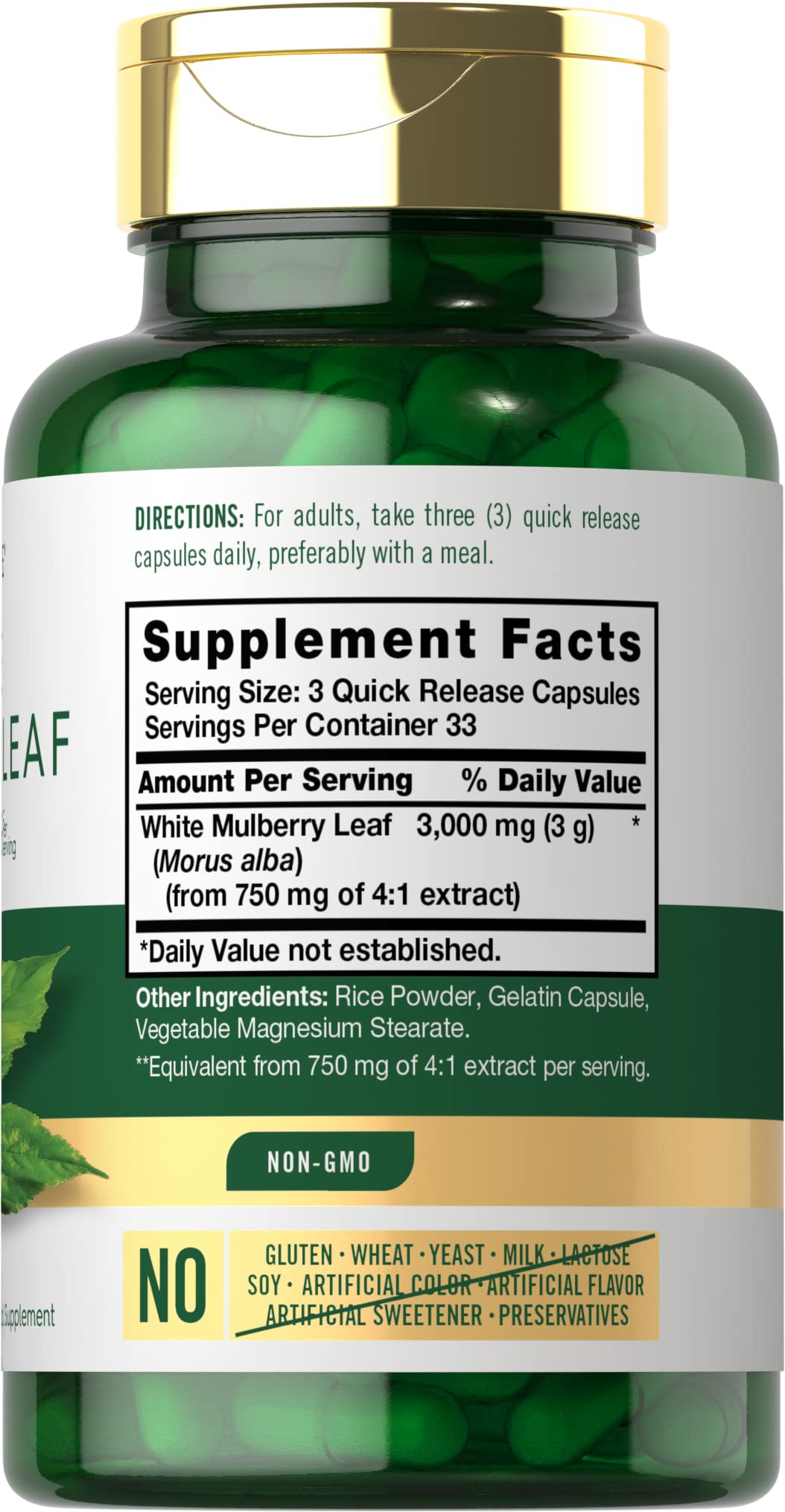 Carlyle Mulberry Leaf Extract bottle shows dosage and label details for easy reference.