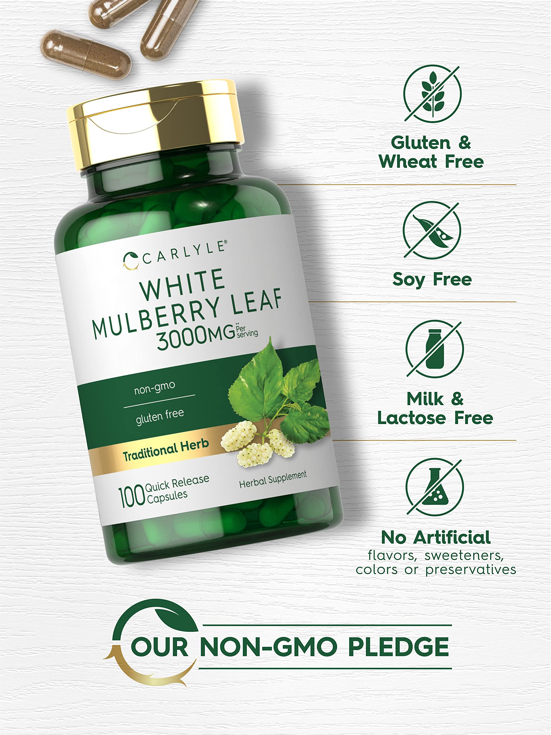 Carlyle Mulberry Leaf Extract ingredients panel lists natural antioxidants and key components.