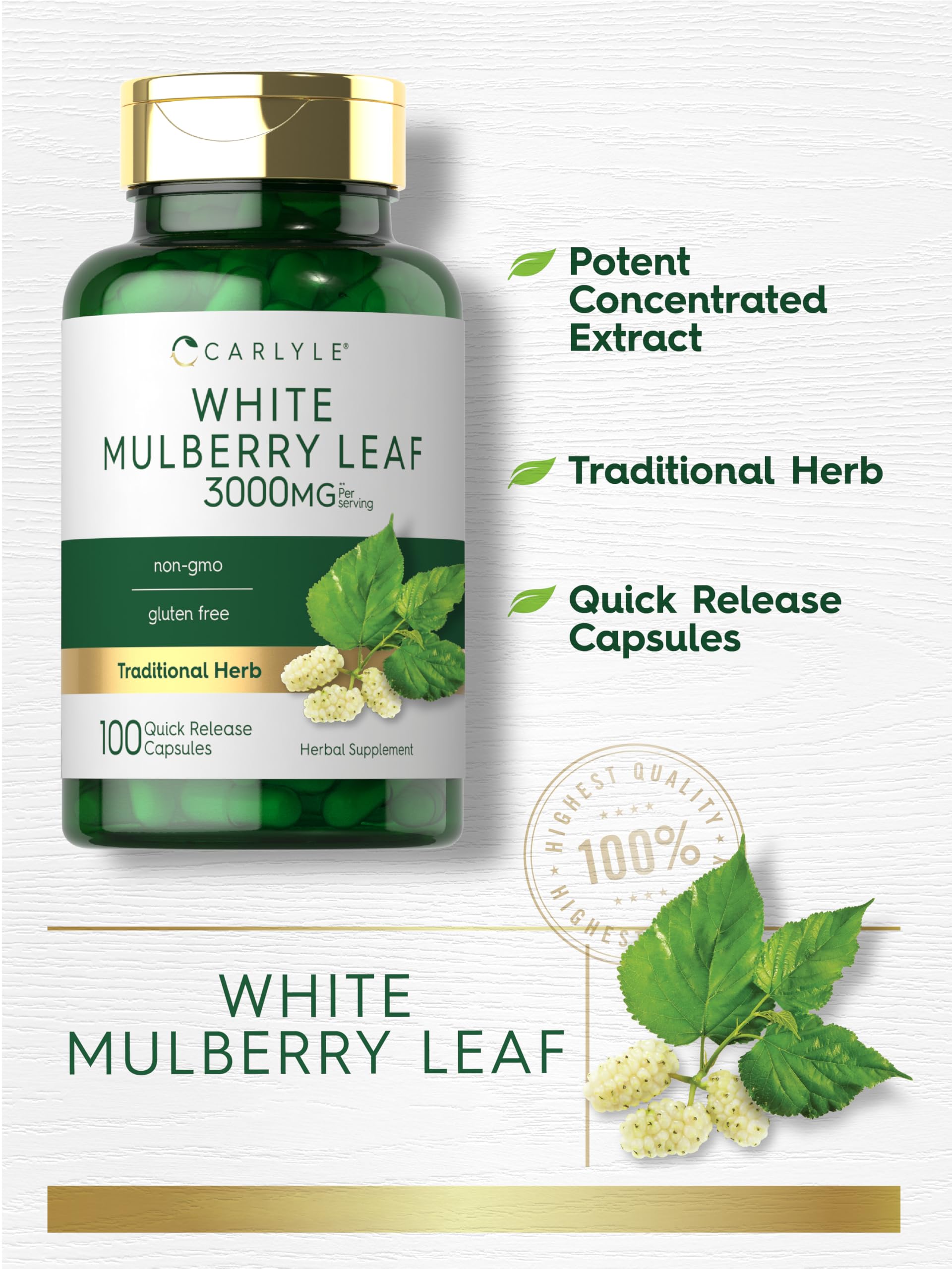 Carlyle Mulberry Leaf Extract label highlights gluten-free and non-GMO claims.