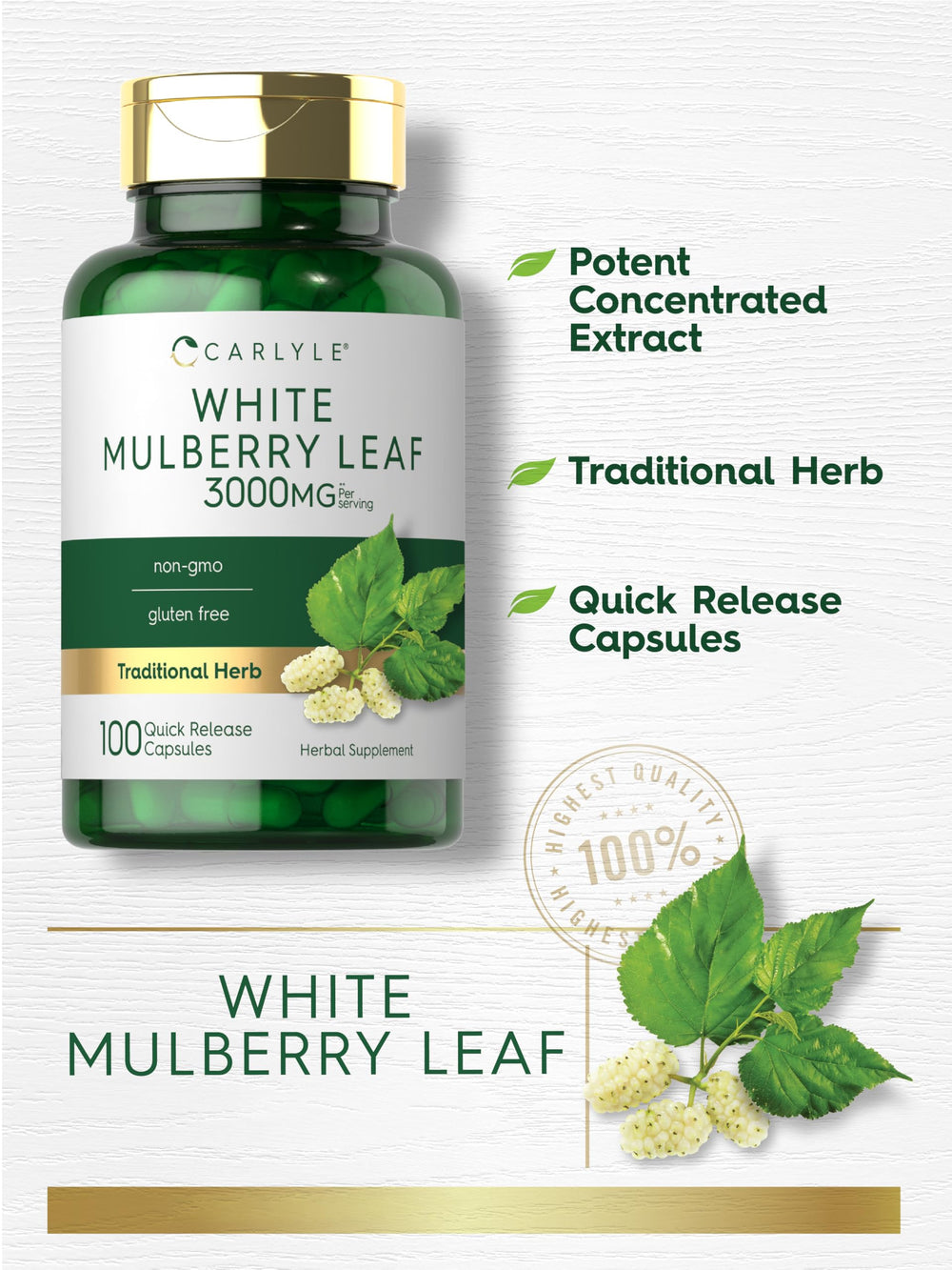 Carlyle Mulberry Leaf Extract label highlights gluten-free and non-GMO claims.