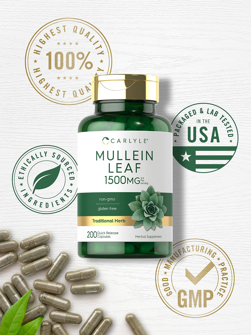 Carlyle Mullein Leaf Extract capsules with dosage reminder