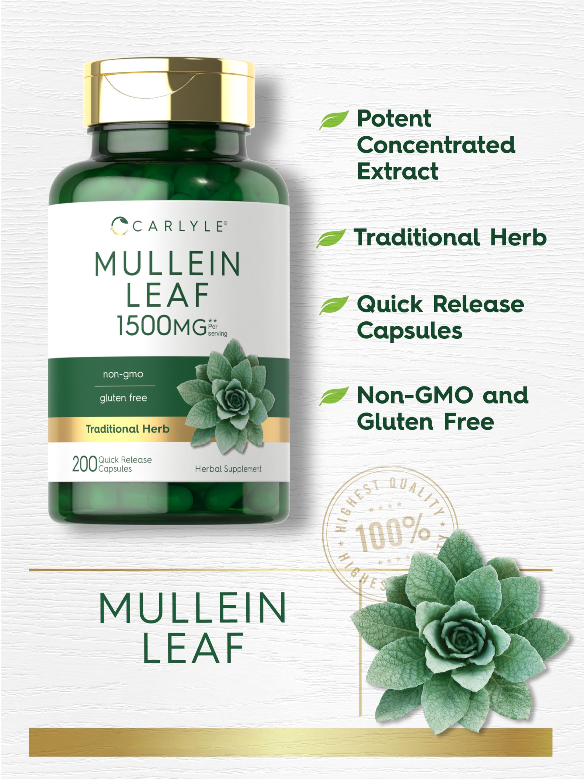 Carlyle Mullein Leaf Extract label notes gluten-free and non-GMO formula