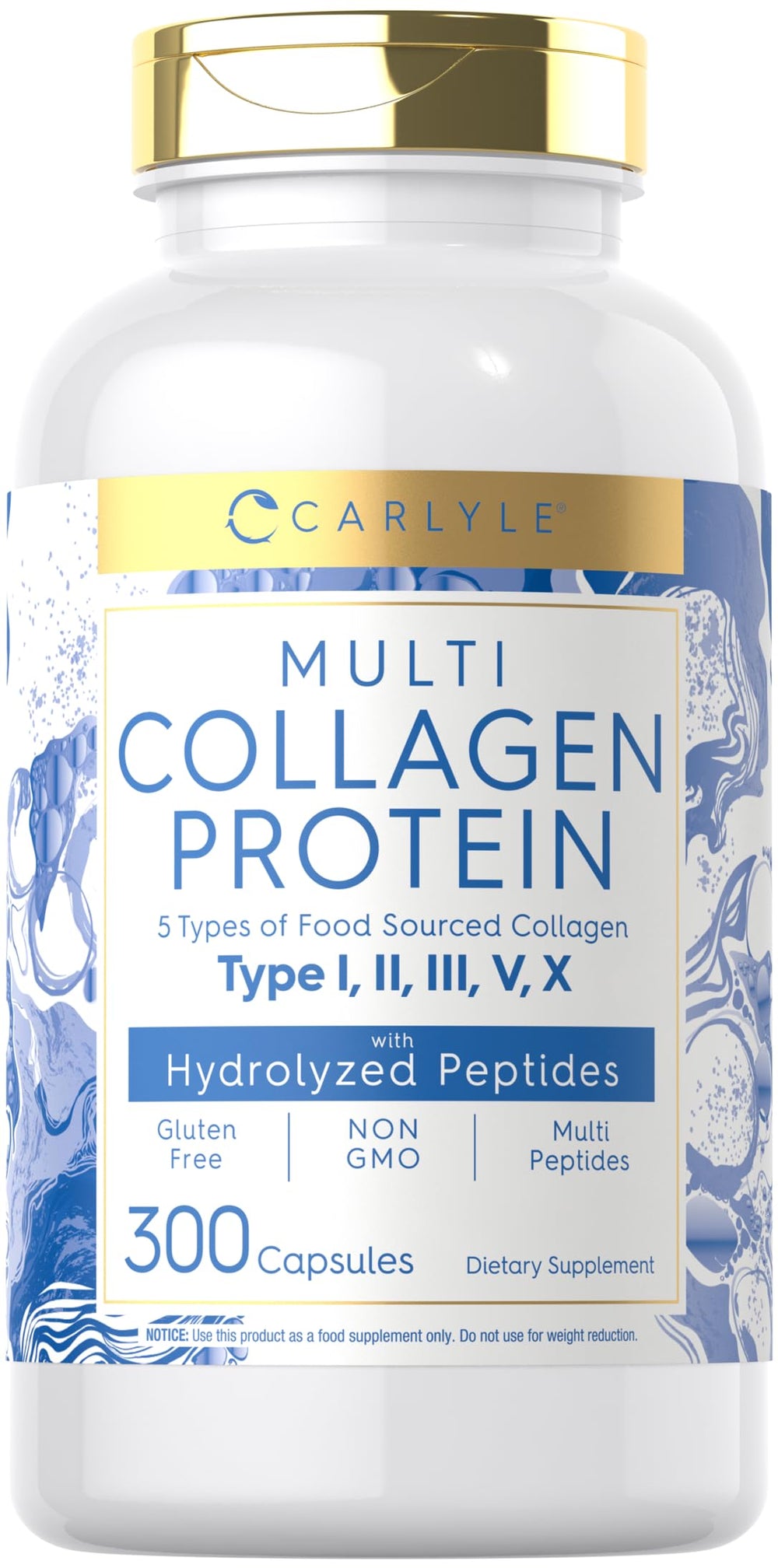 Carlyle multi collagen capsules bottle, 300-count, easy-to-swallow daily support.