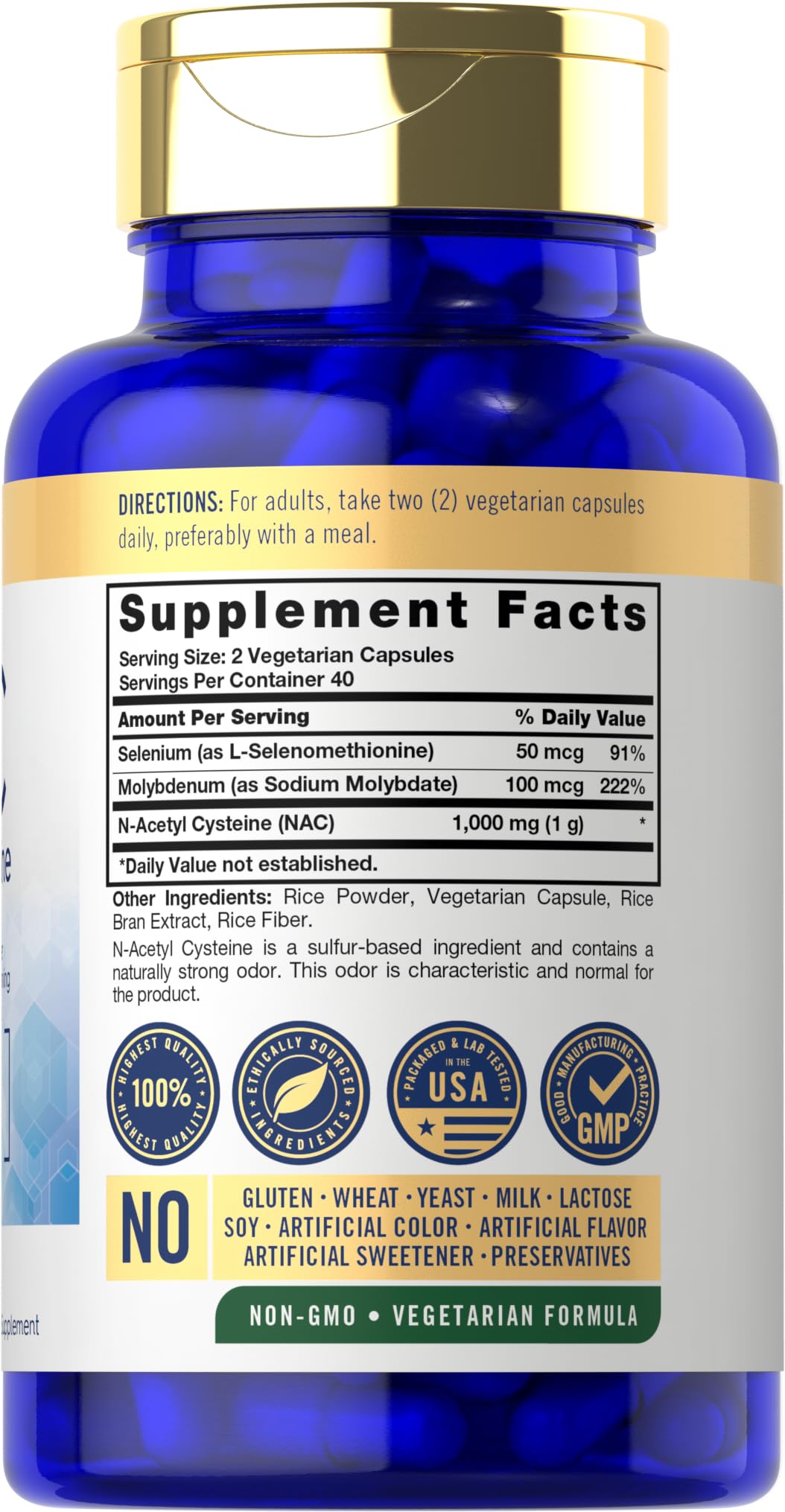Close-up of Carlyle NAC capsules highlighting 80-count vegetarian formula.