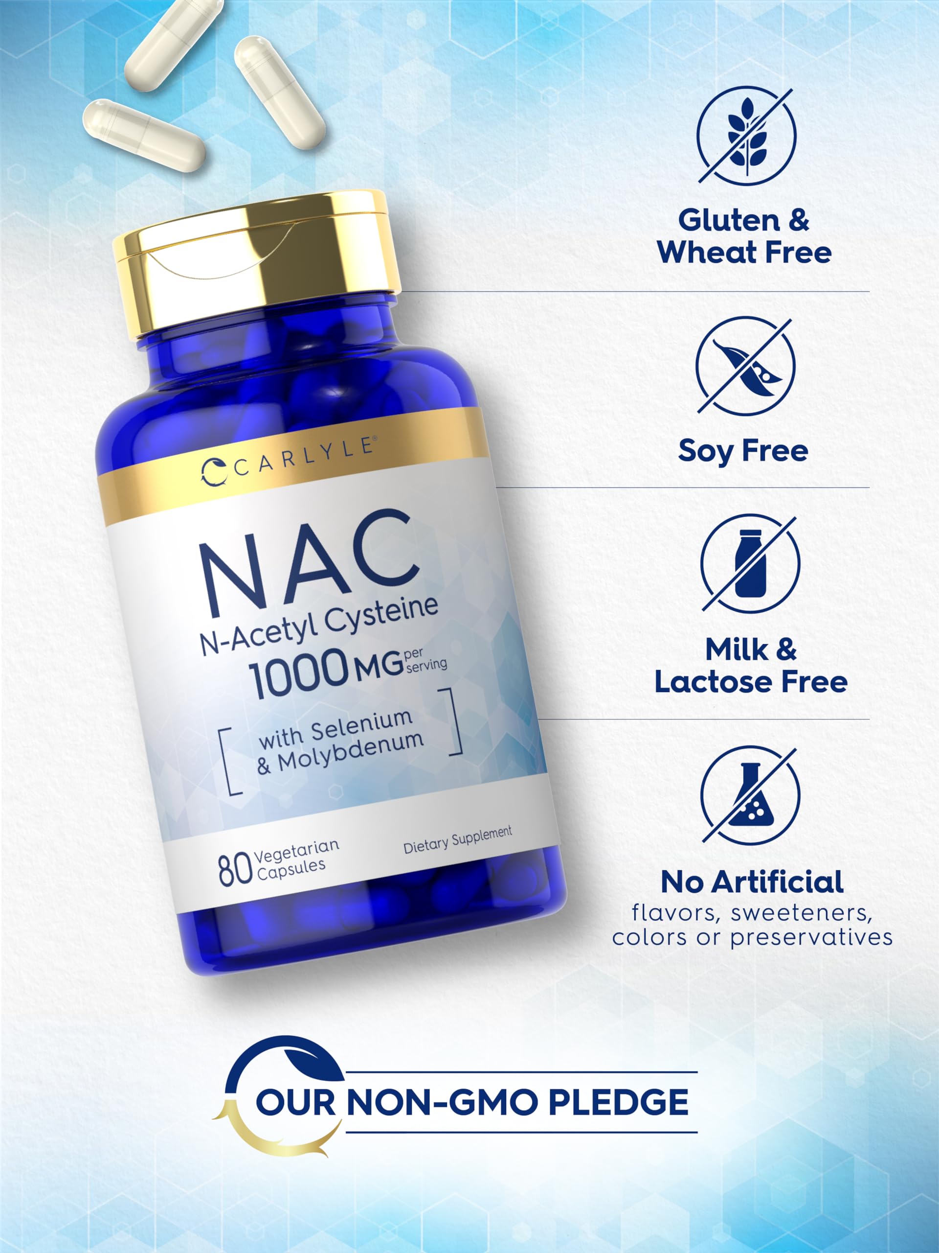 Carlyle NAC bottle shows gluten-free and non-GMO claims.