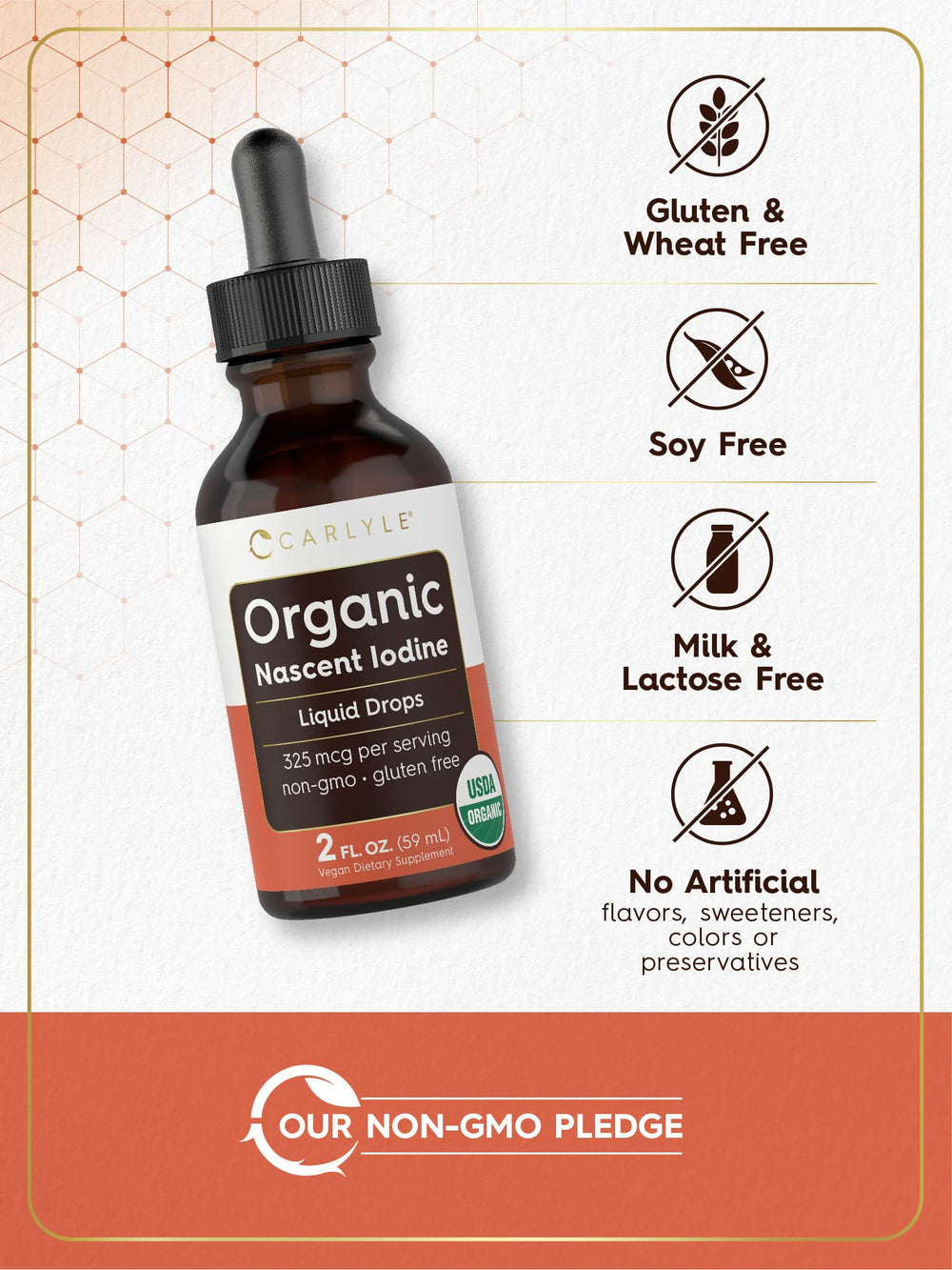 Amber glass Carlyle Nascent Iodine bottle protecting potency during storage.