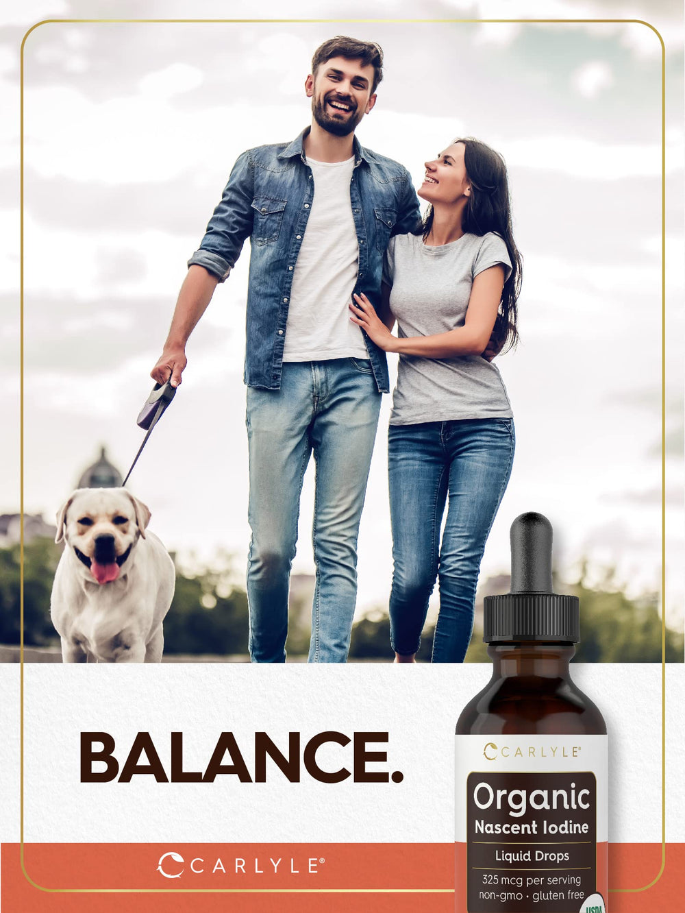 Organic formula highlights vegan and gluten-free attributes of Carlyle iodine drops.