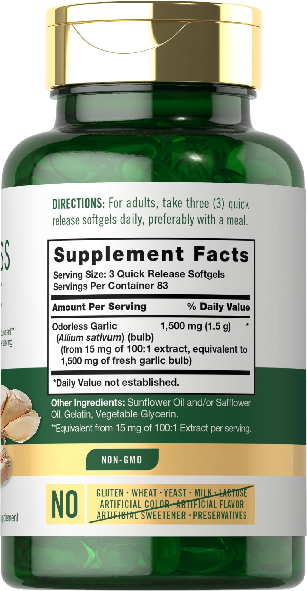 Carlyle Odorless Garlic bottle closeup showing 250-count softgels.