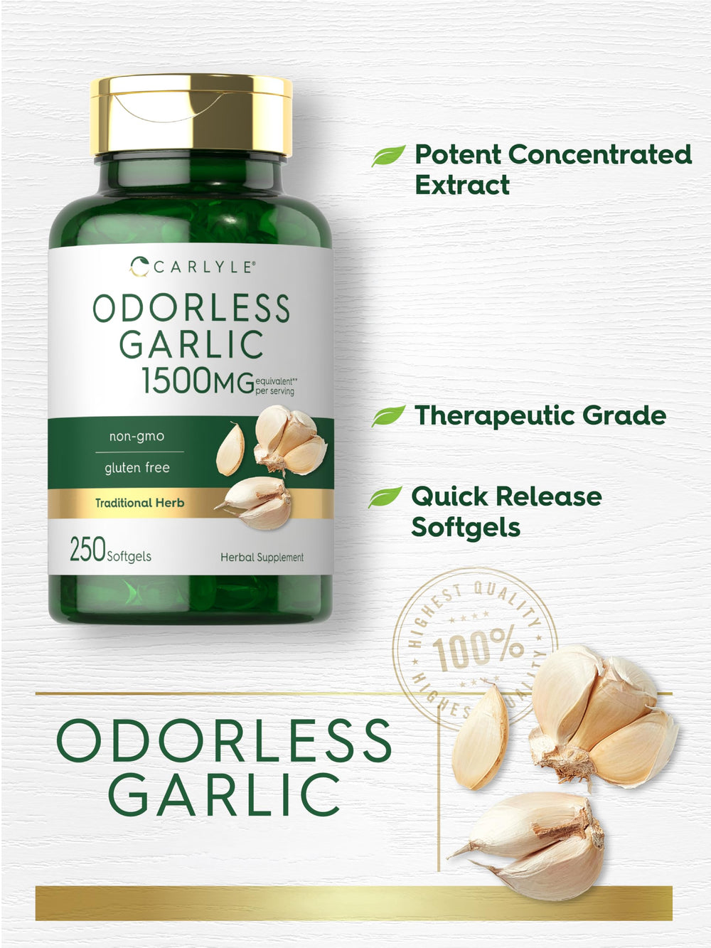 Carlyle Odorless Garlic quick-release softgels for easy swallowing.