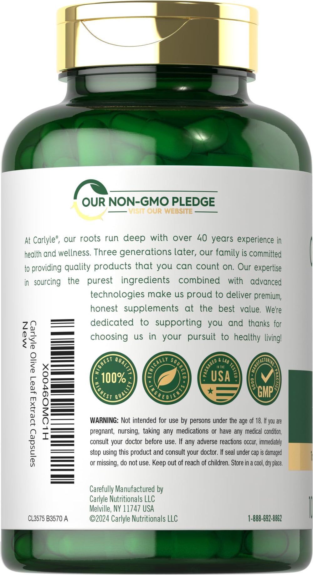 Carlyle Olive Leaf Extract label highlights gluten-free and non-GMO formulation